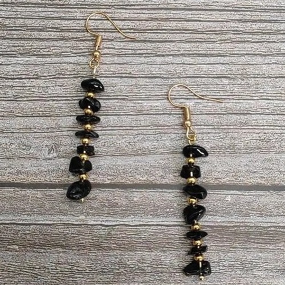 Dangle Earrings Black Gemstone Chips Beaded Gold Tone Women's Jewelry‎